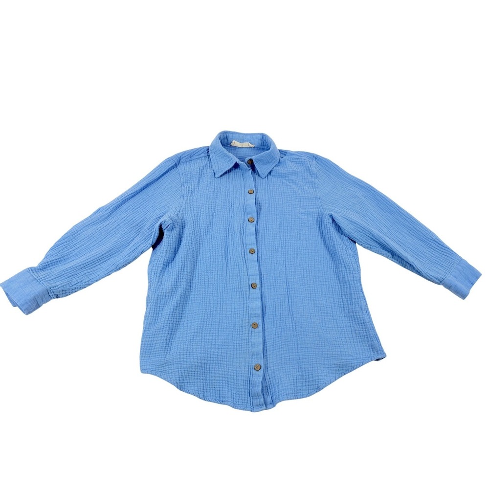 Ocean Drive Blue Button Down Shirt Womens Small Gauzy Cotton Resortwear Vacation